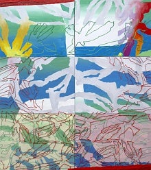 Abstract painting with transparent and opaque layers of shapes and outlines.