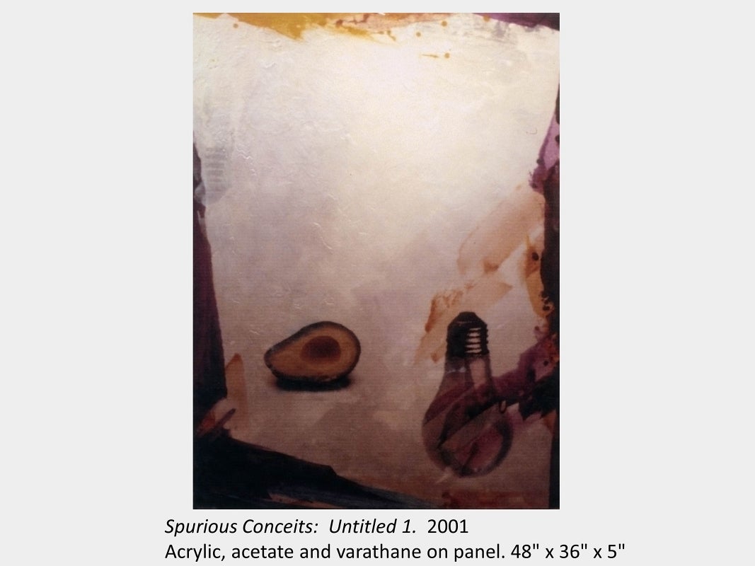 Artwork by Ronald Salway. Spurious Conceits:  Untitled 1. 2001. Acrylic, acetate and varathane on panel. 48" x 36" x 5"