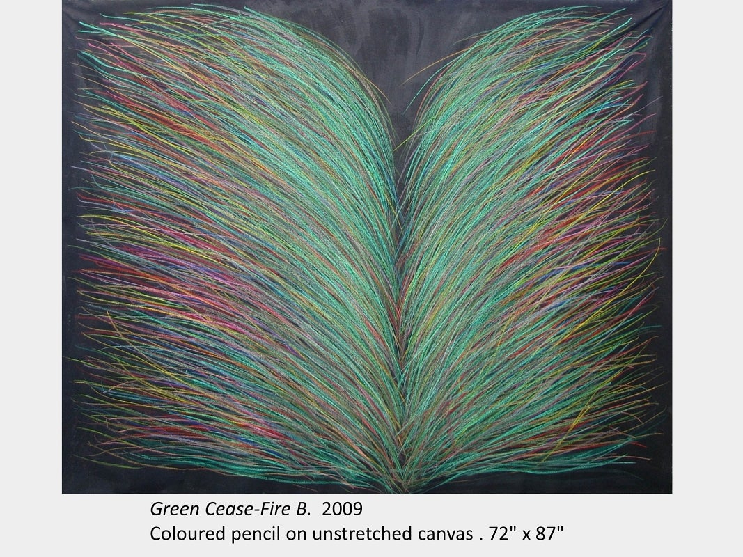 Artwork by Ram Samocha. Green Cease-Fire B. 2009. Coloured pencil on unstretched canvas. 72" x 87"