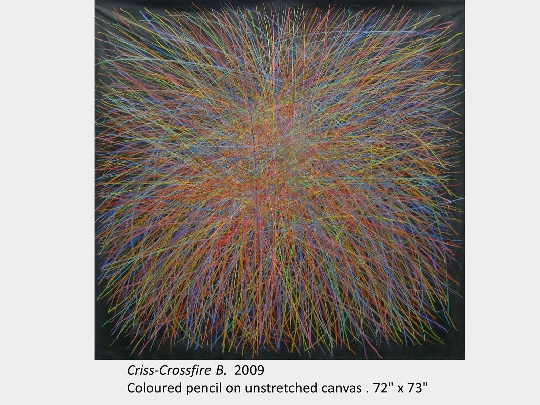 Artwork by Ram Samocha. Criss-Crossfire B. 2009. Coloured pencil on unstretched canvas. 72" x 73"