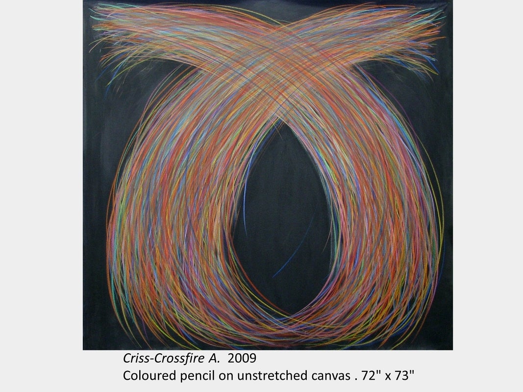 Artwork by Ram Samocha. Criss-Crossfire A. 2009. Coloured pencil on unstretched canvas. 72" x 73"