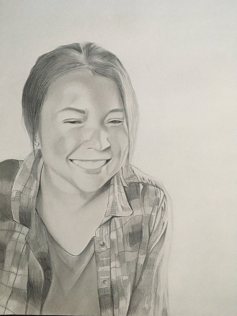 Greyscale drawing, 3/4 view portrait of person wearing a plaid shirt, smiling broadly and looking down. 