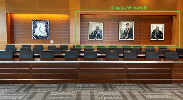Senate board room with three painted portraits highlighted in green and labelled "display window b".