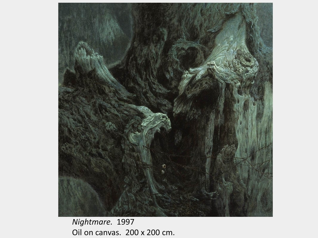 Artwork by Shi Le. Nightmare. 1997. Oil on canvas. 200 x 200 cm.