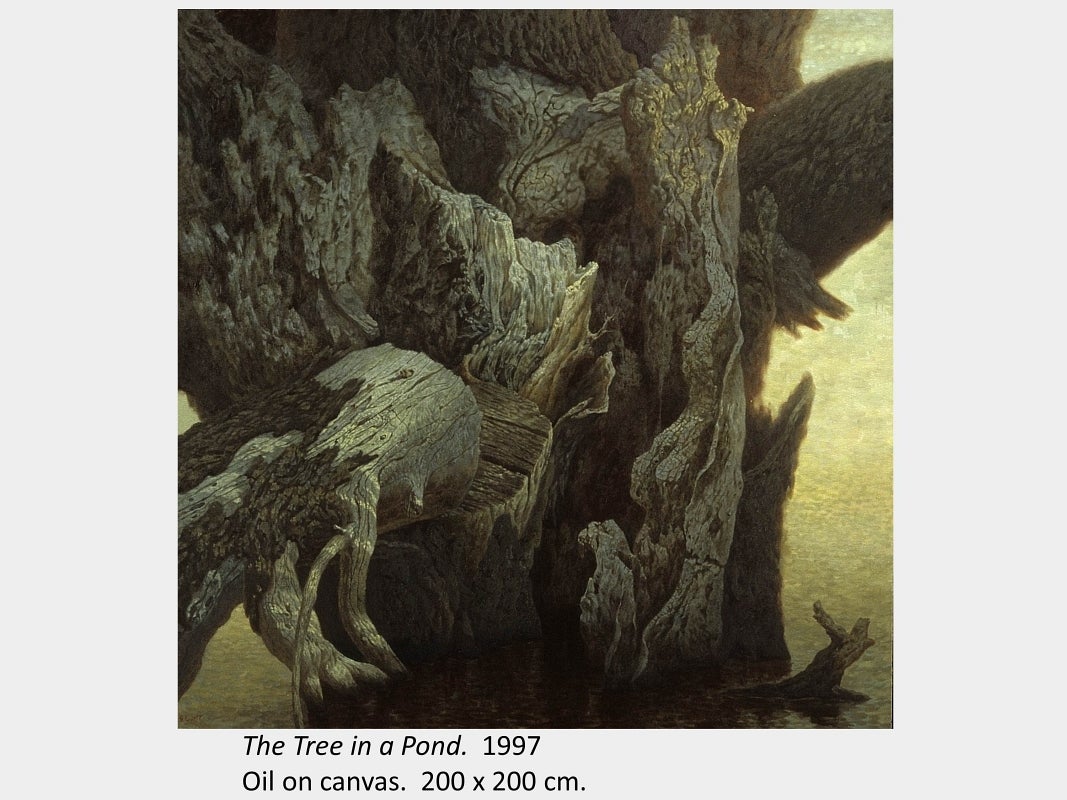 Artwork by Shi Le. The Tree in a Pond. 1997. Oil on canvas. 200 x 200 cm.