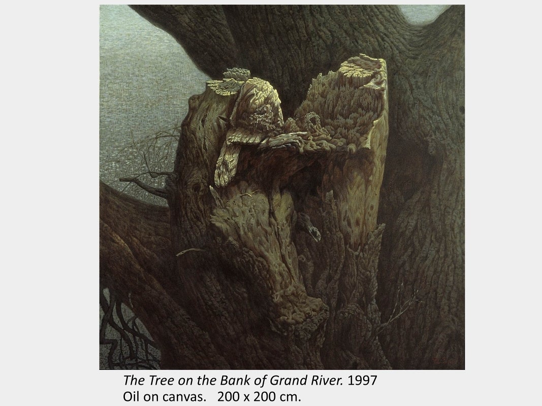 Artwork by Shi Le. The Tree on the Bank of Grand River. 1997. Oil on canvas. 200 x 200 cm.