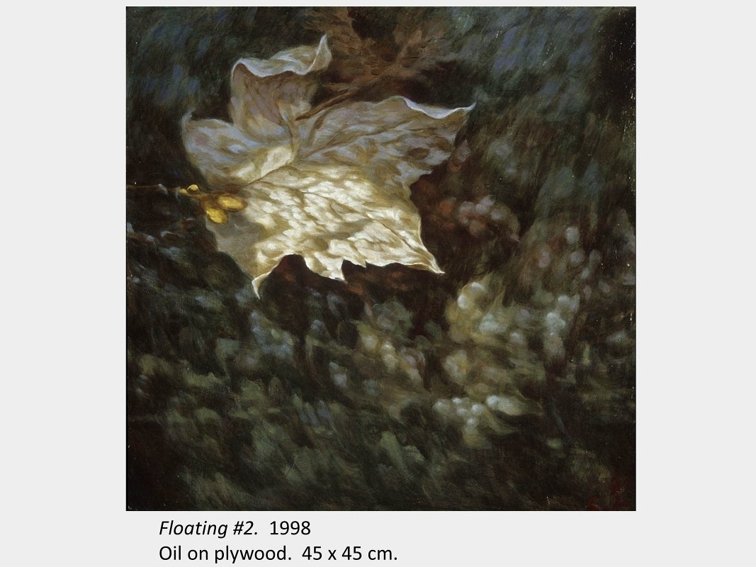 Artwork by Shi Le. Floating #2. 1998. Oil on plywood. 45 x 45 cm.