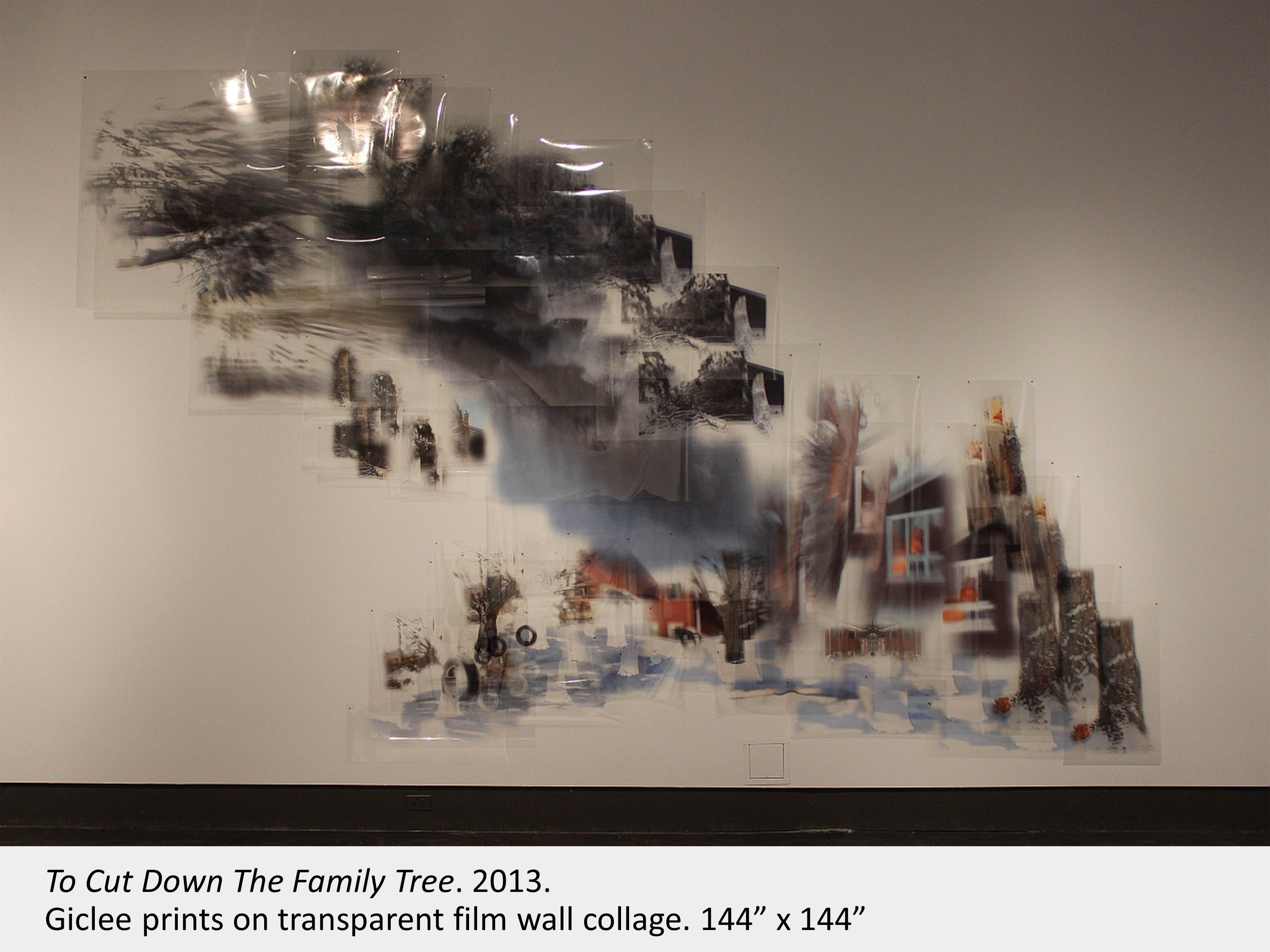 Artwork by Natalie Hunter. To Cut Down The Family Tree. 2013. Giclee prints on transparent film wall collage. 144” x 144” 