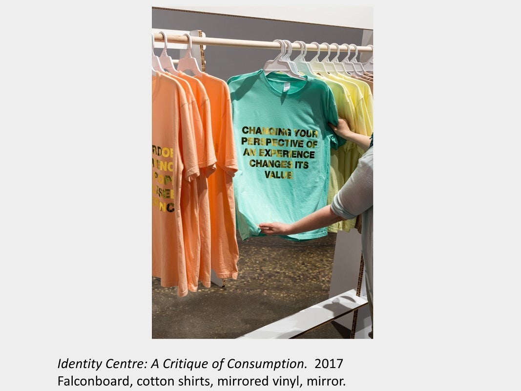 Artwork by Denise St Marie and Timothy Walker, Identity Centre: A Critique of Consumption, 2017, cotton shirts, mirrored vinyl