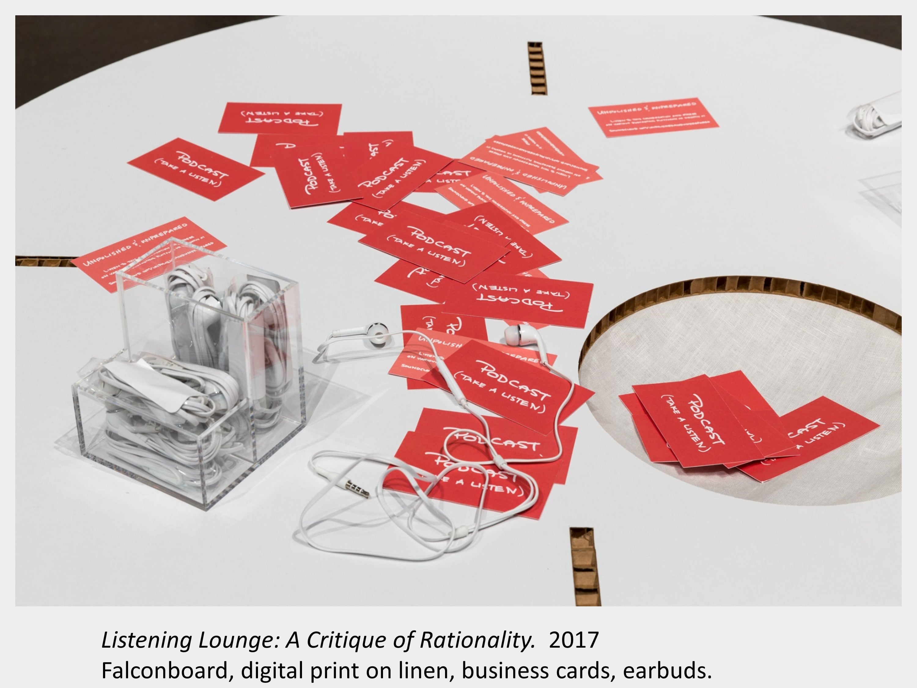 Artwork by Denise St Marie and Timothy Walker, Listening Lounge: A Critique of Rationality, 2017, business cards, earbuds