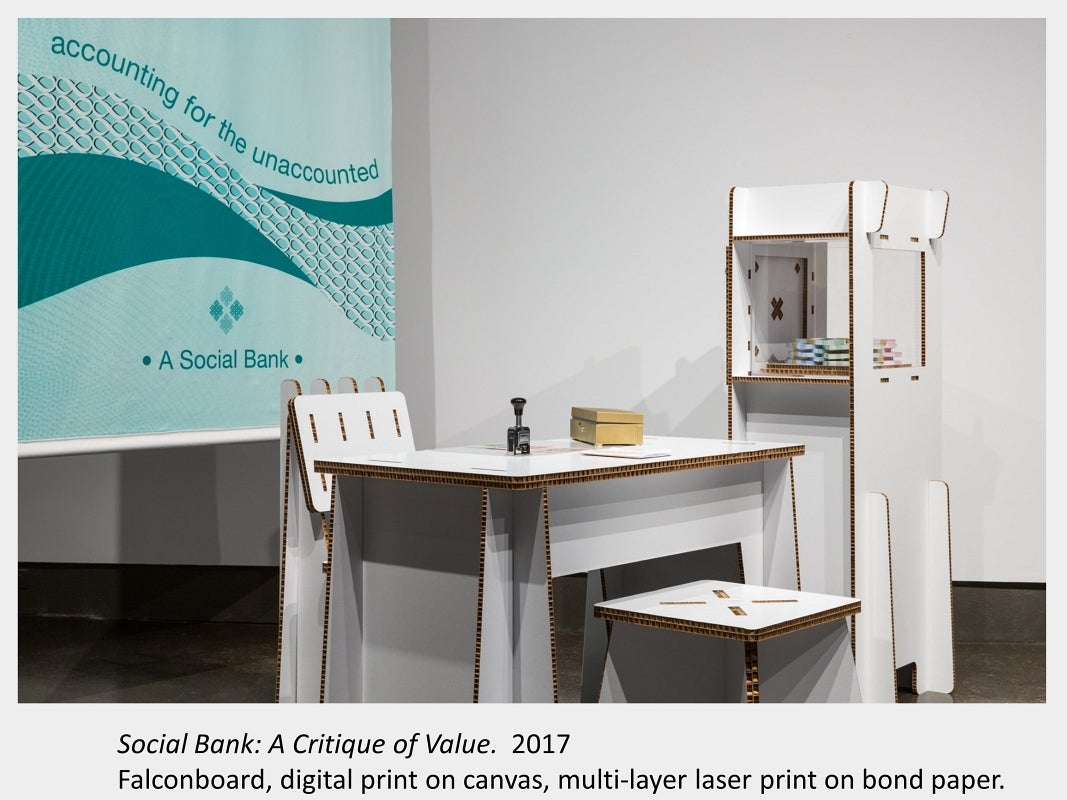 Artwork by Denise St Marie and Timothy Walker, Social Bank: A Critique of Value, 2017, Falconboard, digital print on canvas