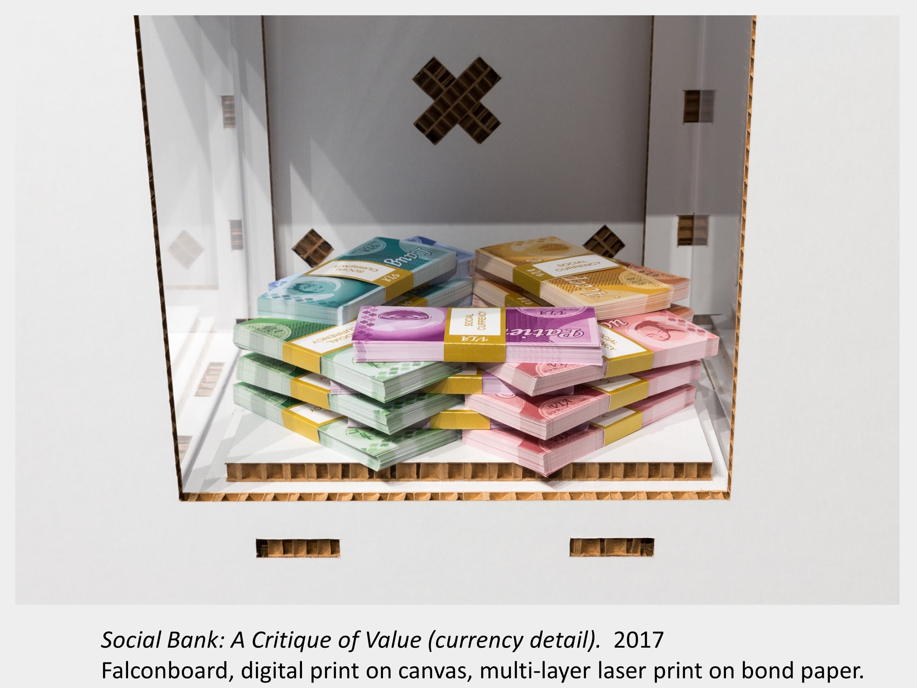 Artwork by Denise St Marie and Timothy Walker, Social Bank: A Critique of Value, 2017, Falconboard, laser print on paper