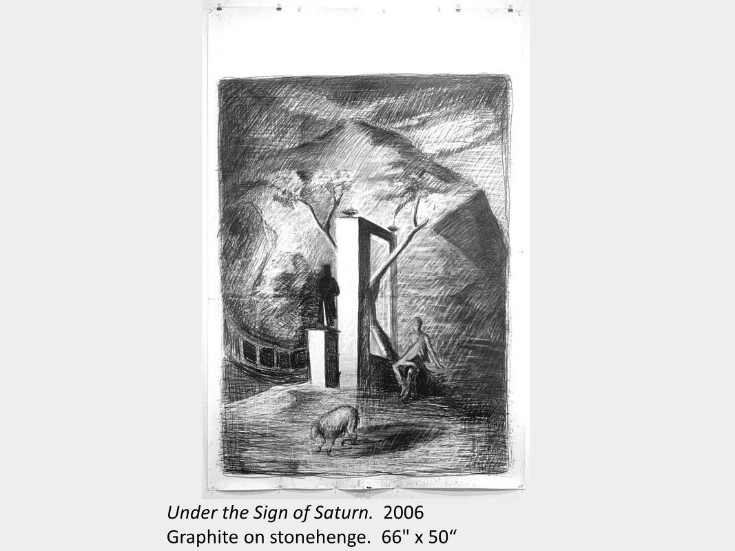 Artwork by Francois Xavier Saint-Pierre. Under the Sign of Saturn. 2006. Graphite on stonehenge. 66" x 50"