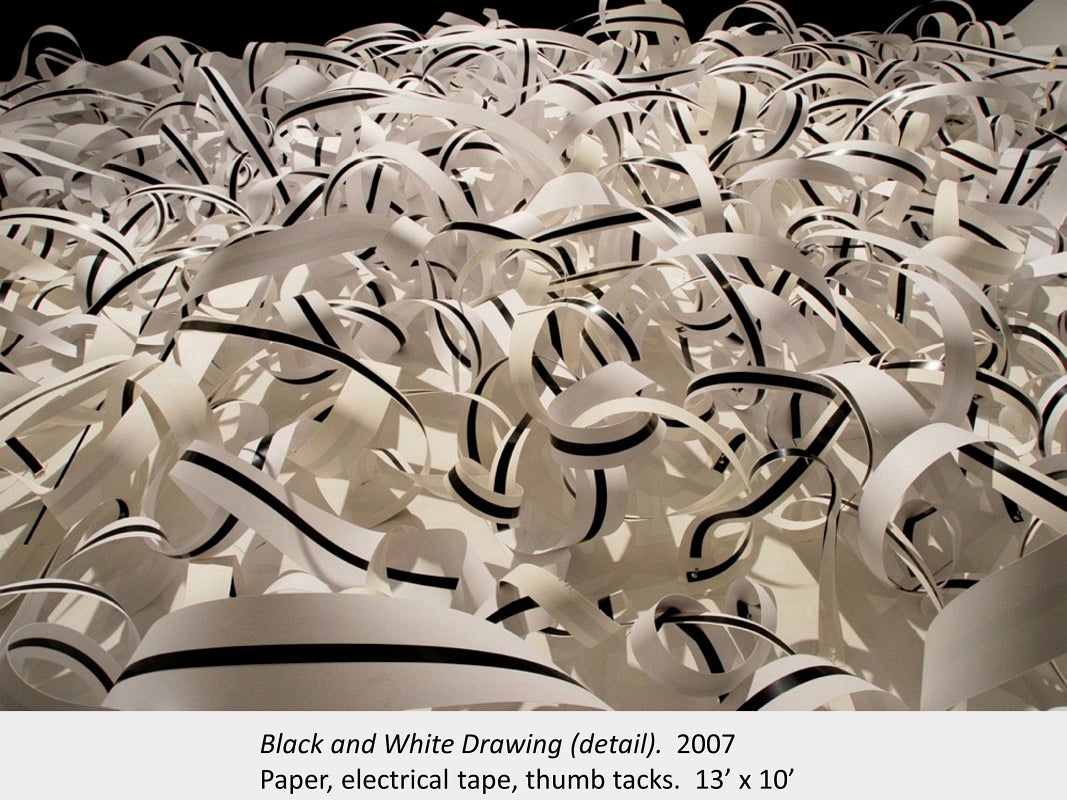 Artwork by Dawn Stafrace. Black and White Drawing (detail). 2007. Paper, electrical tape, thumb tacks. 13’ x 10’