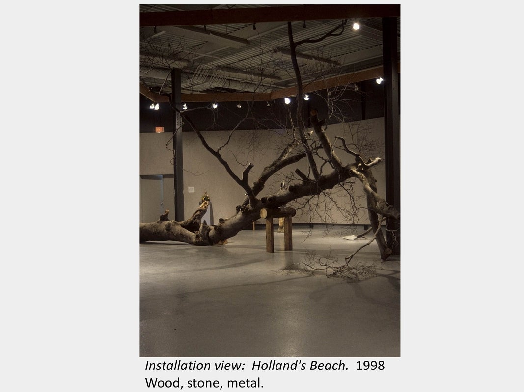 Artwork by Chris Stones. Installation view: Holland's Beach. 1998. Wood, stone, metal.