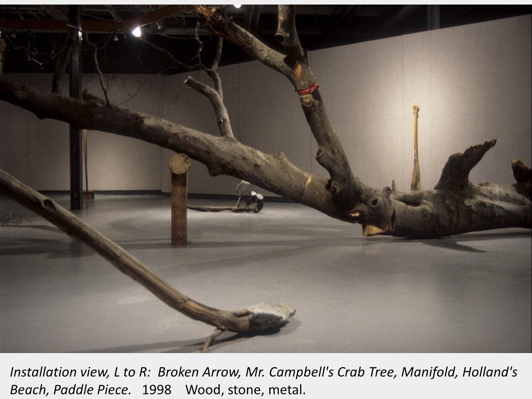 Artwork by Chris Stones. Installation view, L to R:  Broken Arrow, Mr. Campbell's Crab Tree, Manifold, Holland's Beach, Paddle