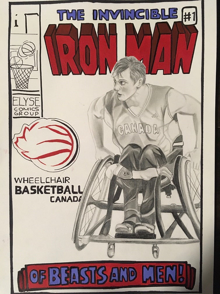 Artwork showing a person in a sports wheelchair with "CANADA" printed on their top.  Text "The Invincible IRON MAN" 