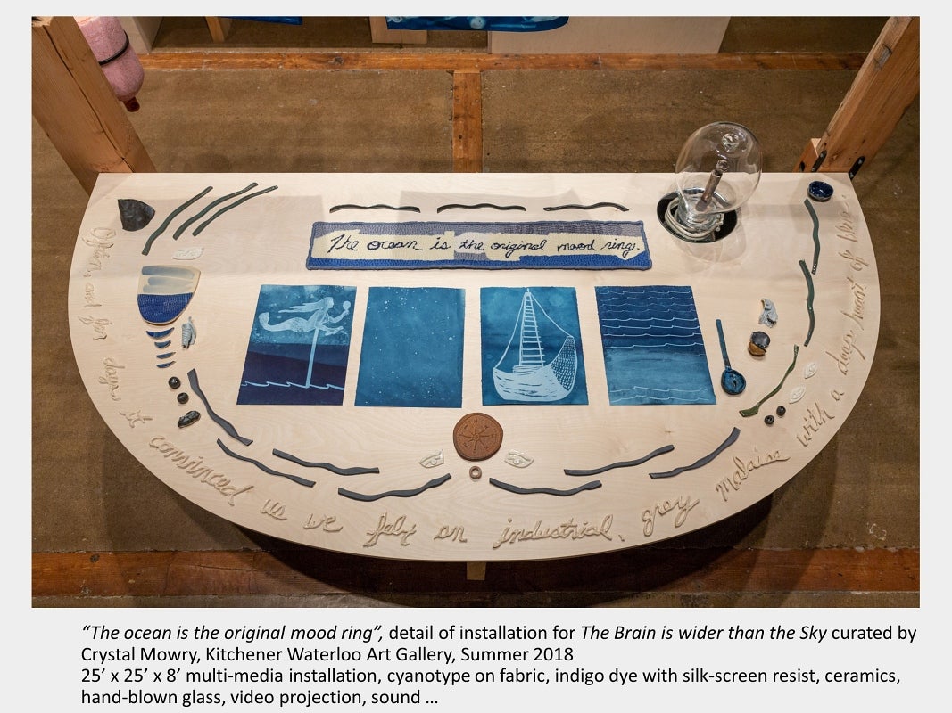 Art installation on table with various objects and 4 pages in shades of blue showing mermaid, stars, boat and waves. Words at to