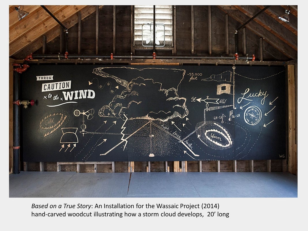 Artwork by Tara Cooper. Based on a True Story: An Installation for the Wassaic Project (2014). hand-carved woodcut 20' long