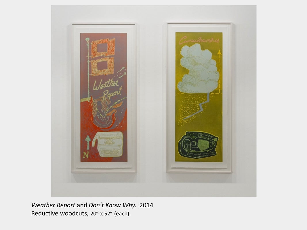 Artwork by Tara Cooper. Weather Report and Don’t Know Why. 2014, Reductive woodcuts, 20” x 52” (each).