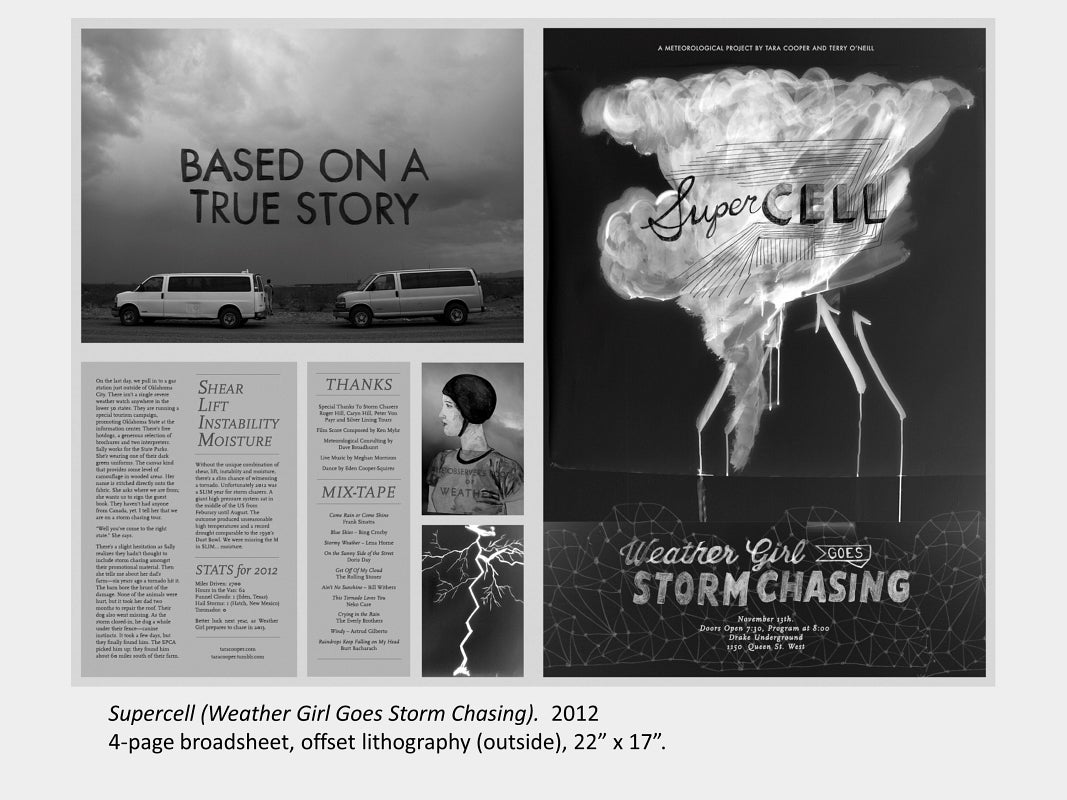 Artwork by Tara Cooper. Supercell (Weather Girl Goes Storm Chasing). 2012, 4-page broadsheet, offset lithography (outside)