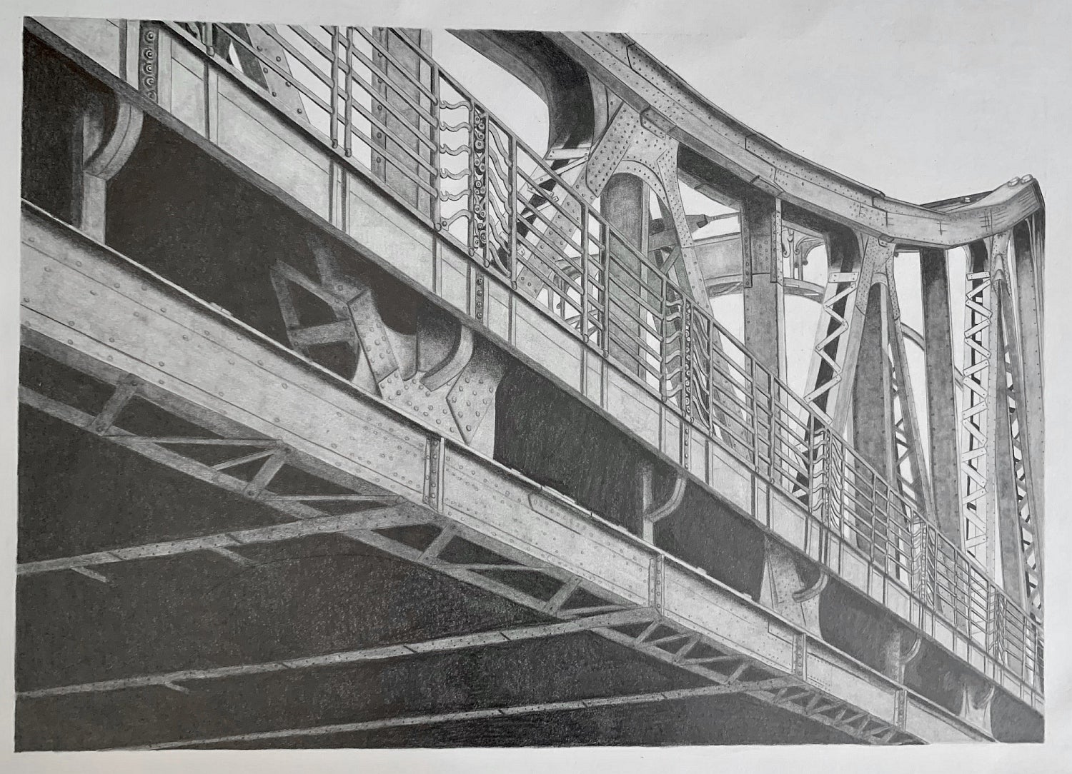 Artwork of greyscale drawing of steel truss bridge showing details of bottom and side.  Bridge angles down from top left of page