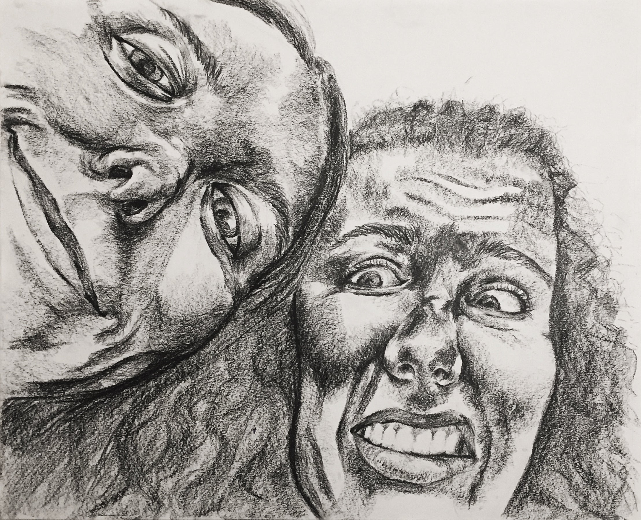 Drawing of close-up view of two people's faces