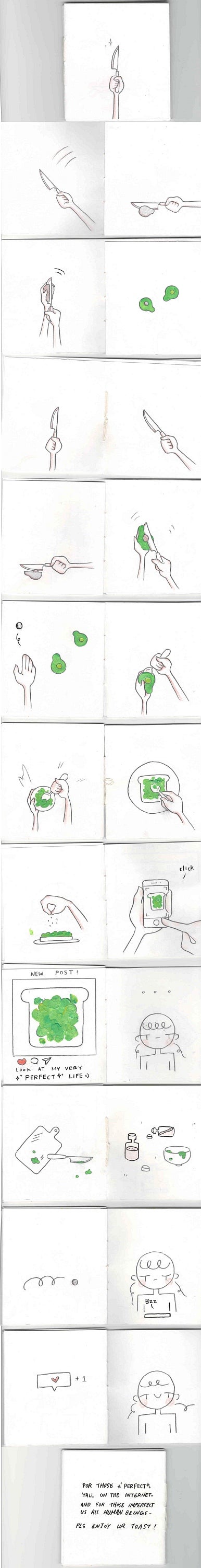 24 line drawings showing the steps to make avocado toast and post it online 