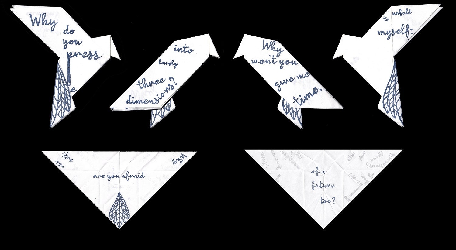 Artwork of text the feather patterns, folded into the shape of bird and triangel