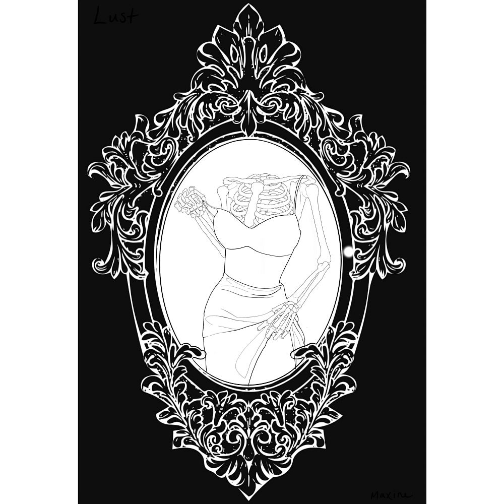 Line drawing of skeletal torso in a gown, one hand raised the skirt and the other lowers a strap, all inside an ornate frame.