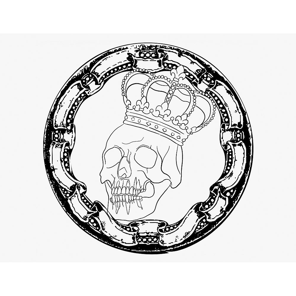 Line drawing of skull wearing a crown, all inside a round ornate frame.