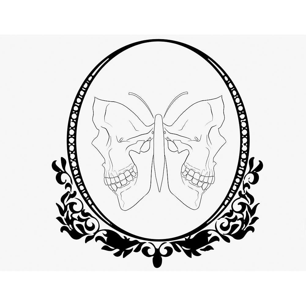 Line drawing of two skulls in profile form the image of a butterfly, all inside an oval ornate frame.