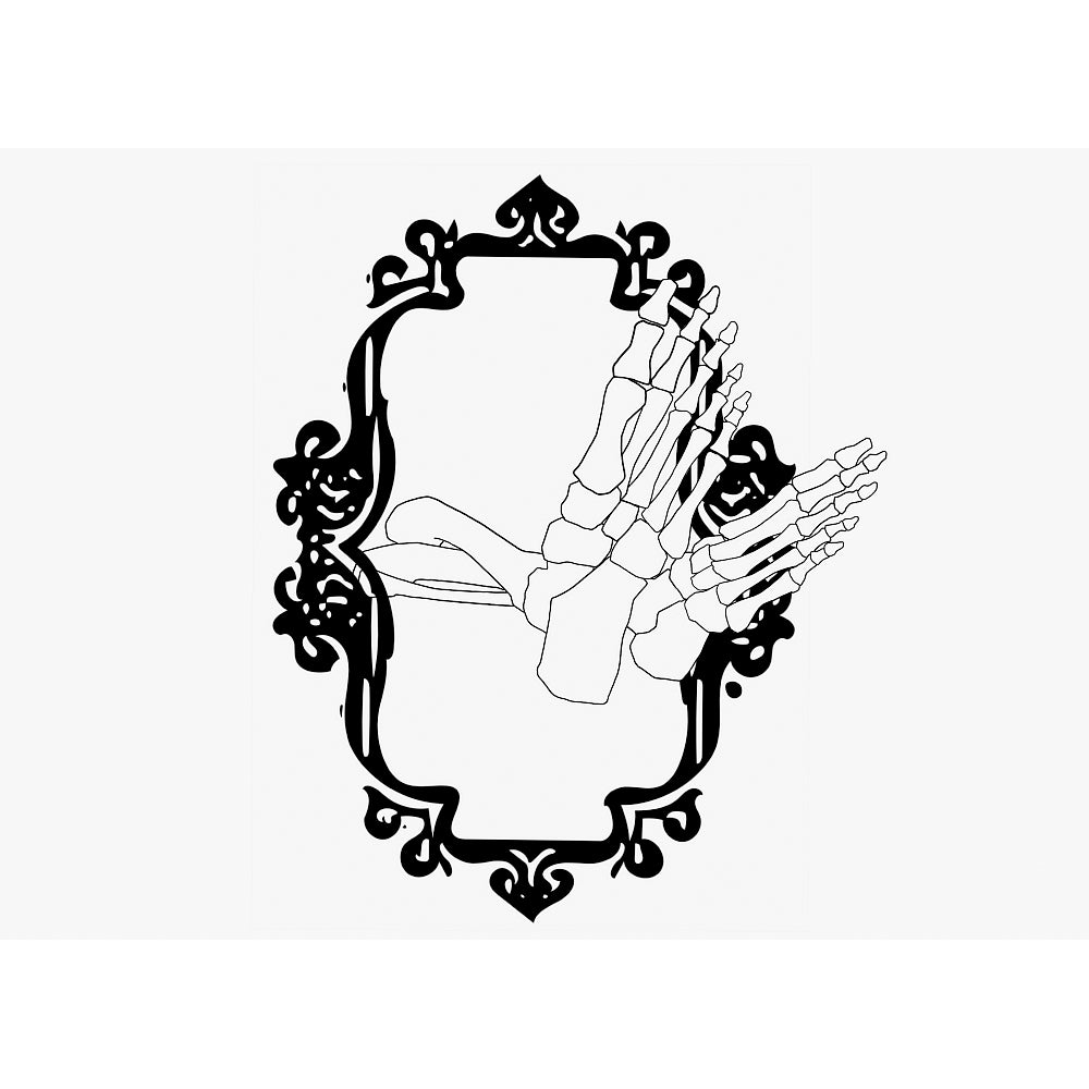 Line drawing of skeletal feet projecting out from an oval ornate frame.