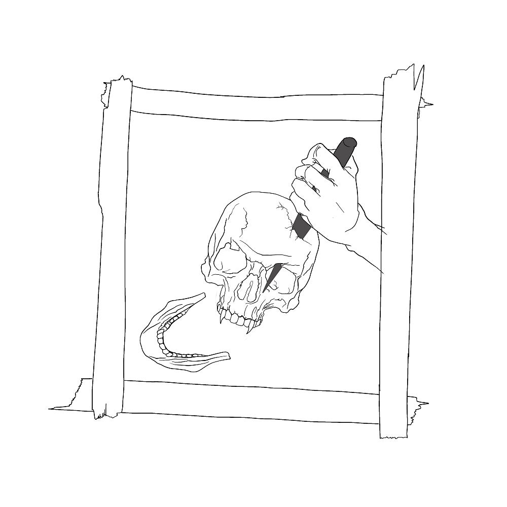 Line drawing of a hand ramming a spike through the top of a skull with the jaw detached, inside a frame of wood boards. 