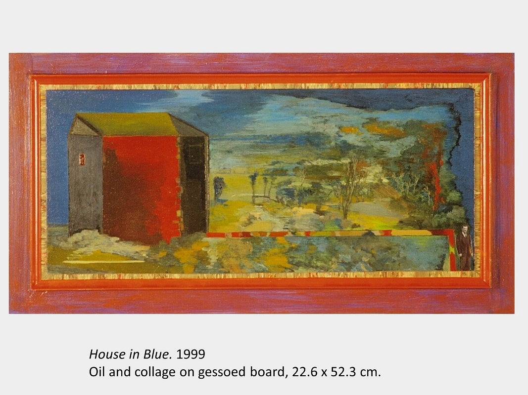 Artwork by Tony Urquhart. House in Blue. 1999. Oil and collage on gessoed board. 22.6 x 52.3 cm.