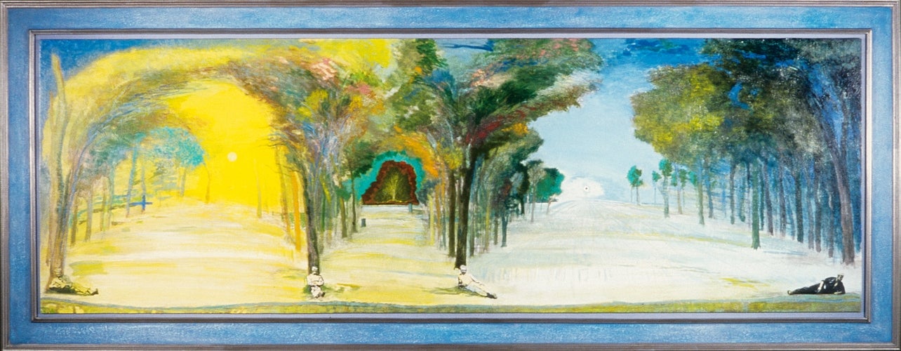Painting of an abstracted landscape showing three laneways with arched trees.