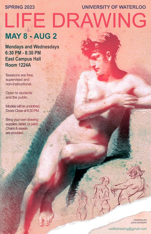 Poster for spring 2023 life drawing sessions with a figure drawn from the front and same text as on the webpage.
