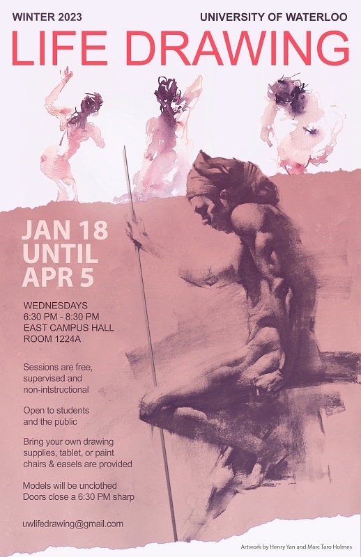 Poster for winter 2023 life drawing sessions with a figure drawn from the side and same text as on the webpage.