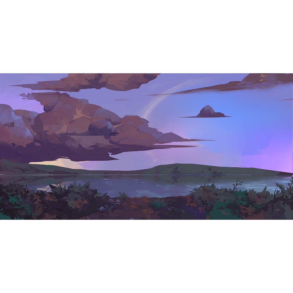Digitally animated landscape of an evening sky with clouds over a lake.