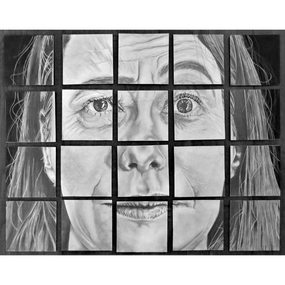 Black and white drawing of a portrait with a quizzical expression, cut into grid of 5 x 4 squares.