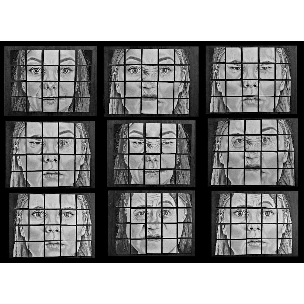 Grid of 9 black and white portraits with various expressions.
