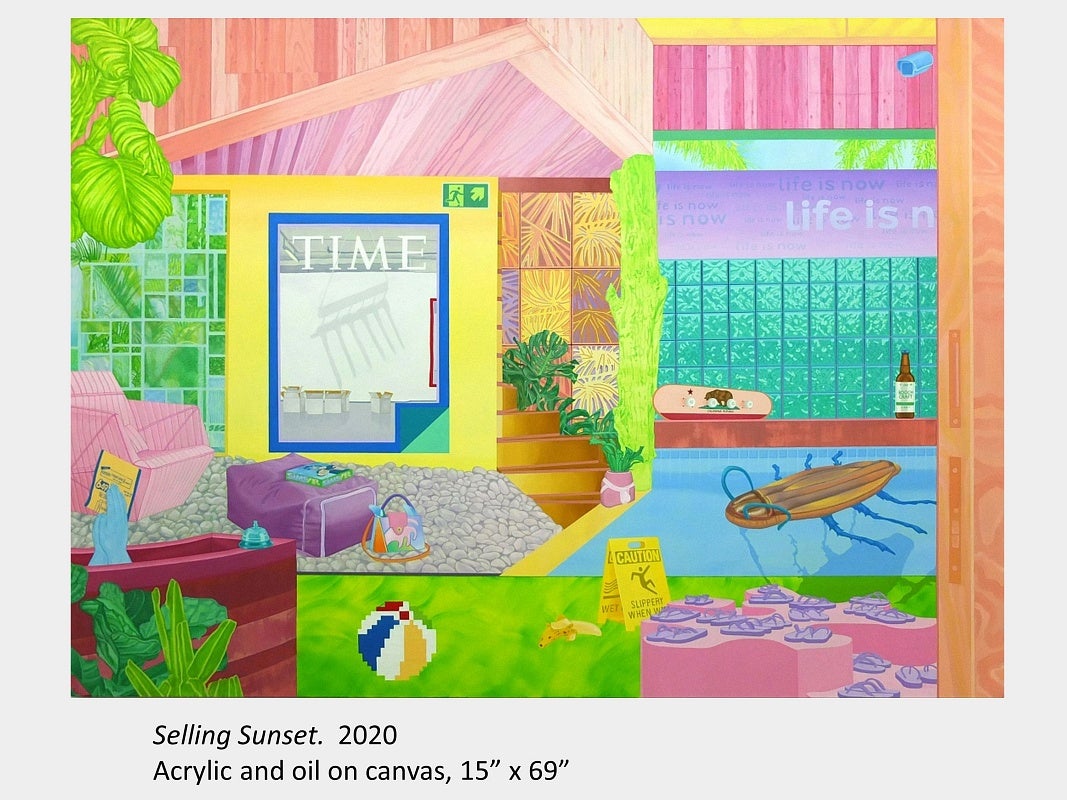Kayla Witt's artwork "Selling Sunset." 2020, acrylic and oil on canvas, 15” x 69” 
