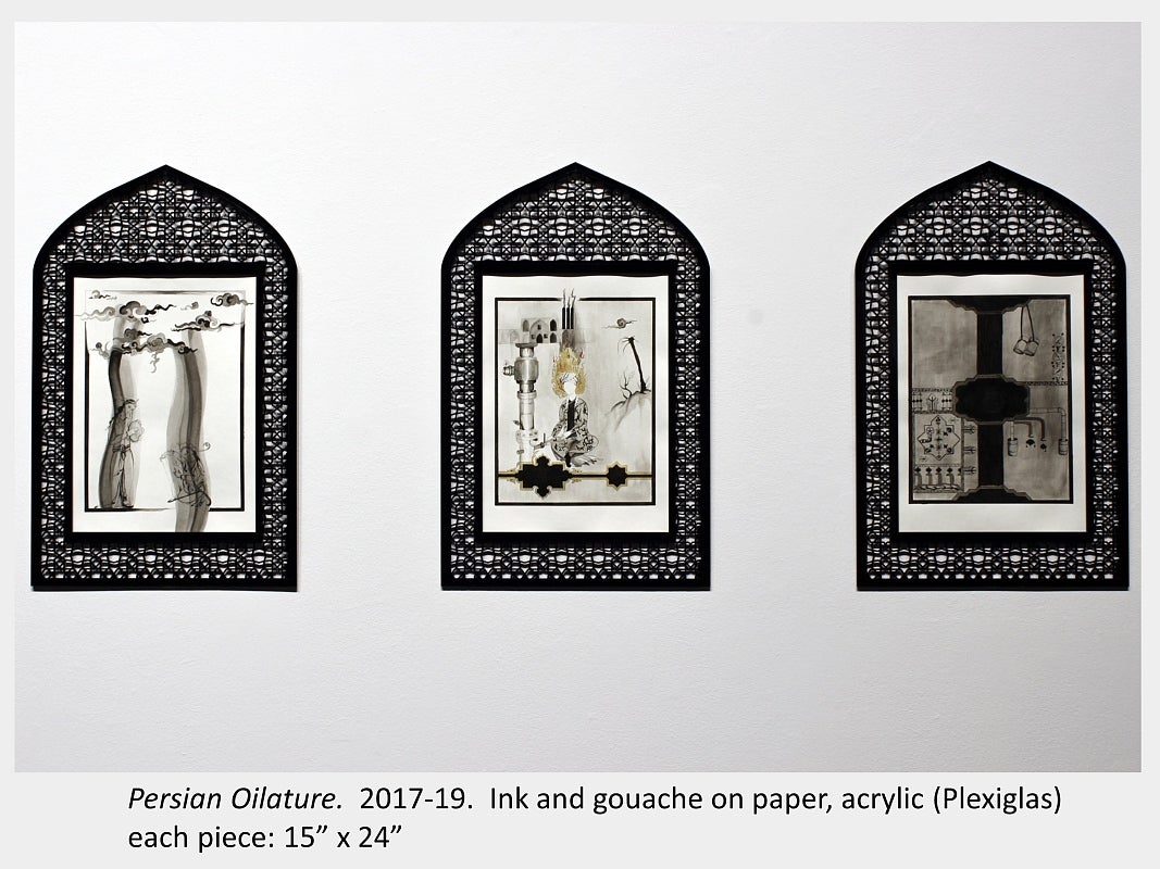 Zahra Baseri's artwork "Persian Oilature" 2017-19, Ink and gouache on paper, acrylic (Plexiglas), each piece: 15” x 24”