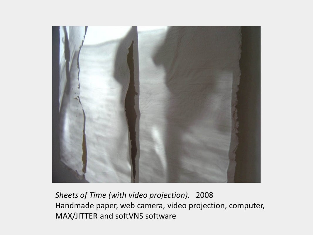 Artwork by Daria Magas-Zamaria. Sheets of Time (with video projection). 2008. Handmade paper, web camera, video projection.