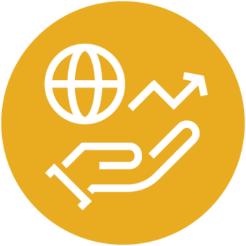 an illustrated hand holding a globe with an arrow showing up and downs inside a yellow circle
