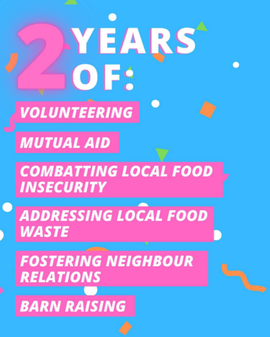 2 years of volunteering, mutual aid, combatting local food insecurity, addressing local food waste, fostering neighbors relations, barn raising