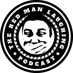 The Red Man Laughing Podcast logo in black and white