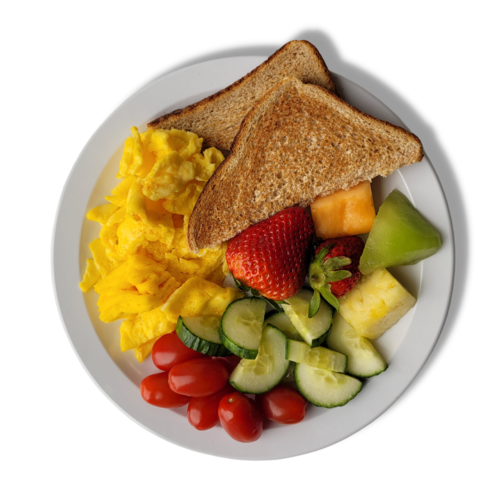 Blanced plate example with eggs. toast and fruits