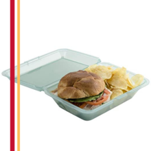 Reusable container holding burger meal