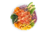 Poke bowl with salmon, kale, red onion, carrot, tangerine, sweet corn, avocado, wasabi tobiko, tempura bits, sriracha mayo